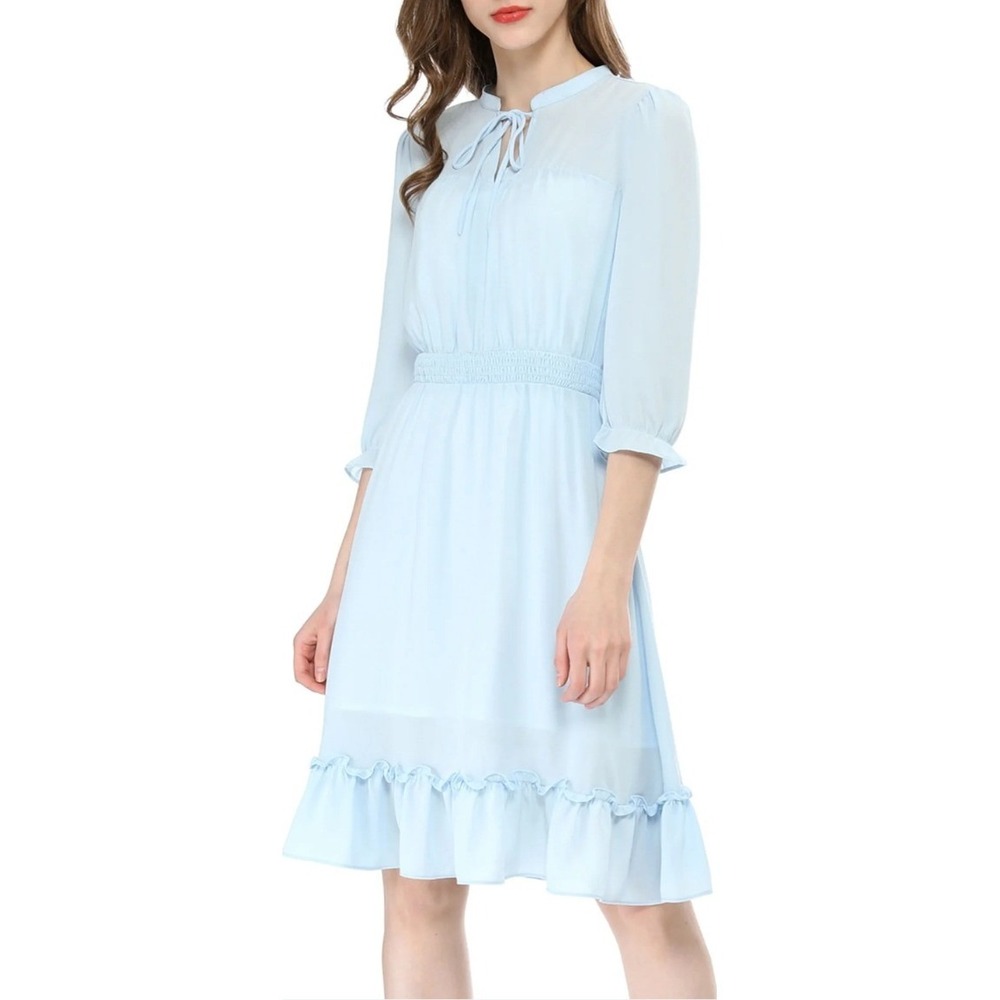 Allegra K Womens Light Blue Chiffon Tie Neck Ruffle Hem Smocked Dress Size M NWT